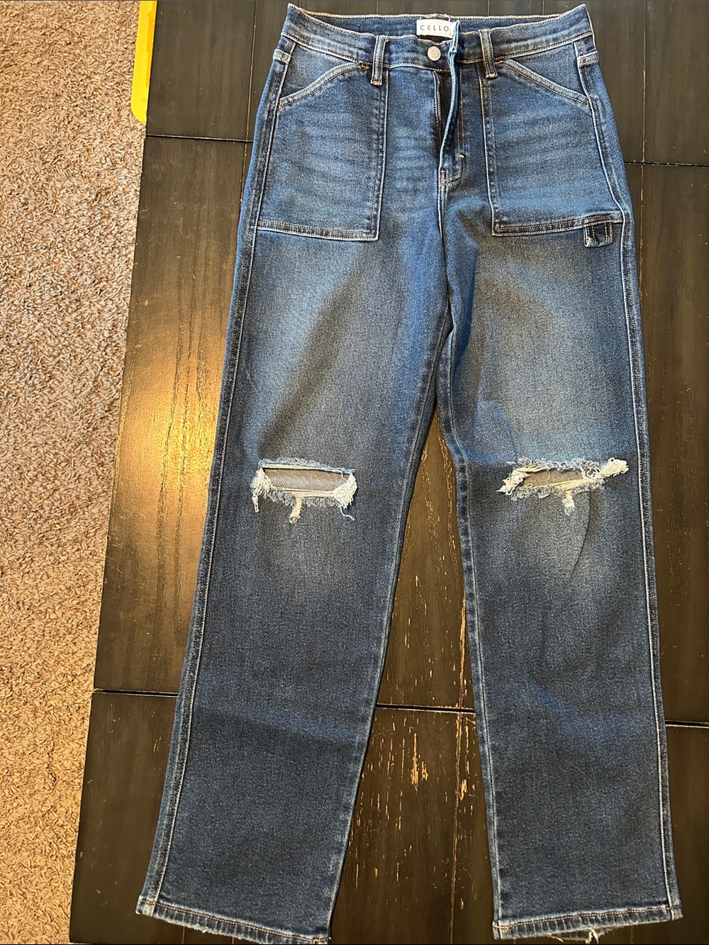 Cello Womens Blue Straight-Leg Jeans with Knee Rips